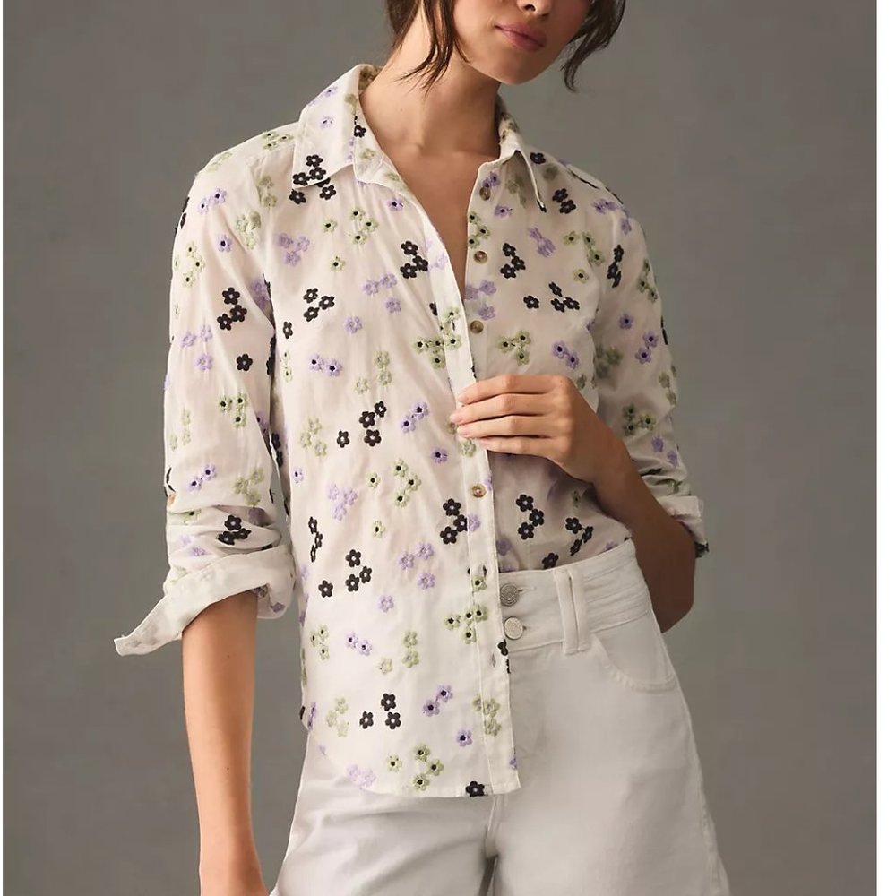 Anthropologie Maeve Embroidered Buttondown Blouse Floral - 2X